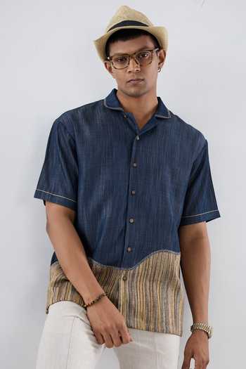 Raw & Rustic By Niti Bothra Navy Tencel, Denim Patchwork Dark Blue Urban Shirt Online at Aza Fashions Raw & Rustic By Niti Bothra_Navy Tencel, Denim Patchwork Dark Blue Urban Shirt _Online_at_Aza_Fashions