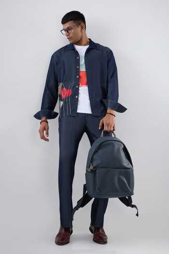 Shop Raw & Rustic By Niti Bothra Navy Tencel, Denim Patchwork, Embroidery Dark Blue Rust Panel Shacket Online at Aza Fashions Shop_Raw & Rustic By Niti Bothra_Navy Tencel, Denim Patchwork, Embroidery Dark Blue Rust Panel Shacket _Online_at_Aza_Fashions