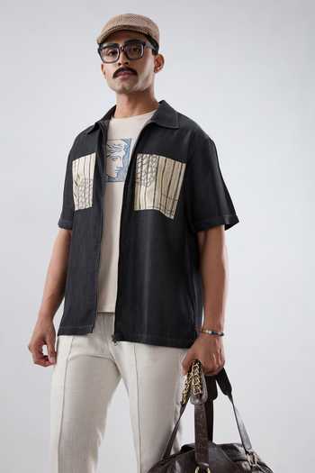 Raw & Rustic By Niti Bothra Black Denim Cloud Zipper Patchwork Shirt 