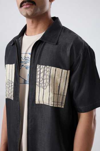 Raw & Rustic By Niti Bothra Black Tencel, Denim Patchwork, Embroidery Cloud Zipper Shirt Online at Aza Fashions Raw & Rustic By Niti Bothra_Black Tencel, Denim Patchwork, Embroidery Cloud Zipper Shirt _Online_at_Aza_Fashions