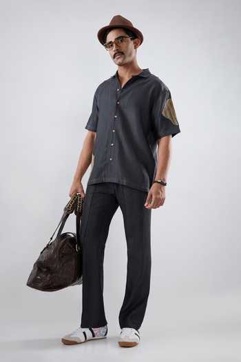 Raw & Rustic By Niti Bothra Black Tencel, Denim Patchwork Artisanal Shirt Online at Aza Fashions Raw & Rustic By Niti Bothra_Black Tencel, Denim Patchwork Artisanal Shirt _Online_at_Aza_Fashions