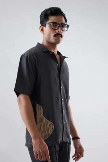 Shop Raw & Rustic By Niti Bothra Black Tencel, Denim Patchwork Artisanal Shirt Online at Aza Fashions Shop_Raw & Rustic By Niti Bothra_Black Tencel, Denim Patchwork Artisanal Shirt _Online_at_Aza_Fashions