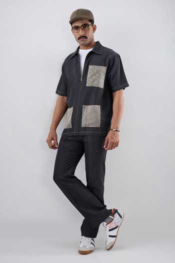 Raw & Rustic By Niti Bothra Black Denim Urban Wind Zipper Patchwork Shirt 