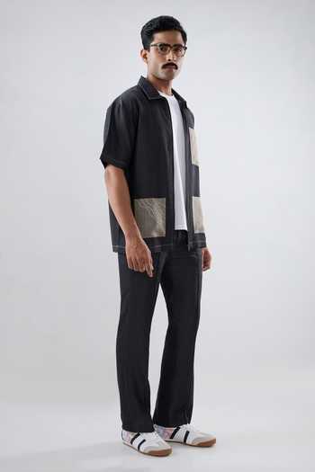 Raw & Rustic By Niti Bothra Black Tencel, Denim Patchwork, Embroidery Urban Wind Zipper Shirt Online at Aza Fashions Raw & Rustic By Niti Bothra_Black Tencel, Denim Patchwork, Embroidery Urban Wind Zipper Shirt _Online_at_Aza_Fashions