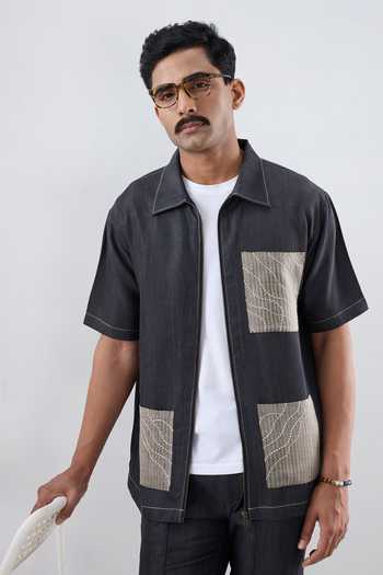 Buy Raw & Rustic By Niti Bothra Black Tencel, Denim Patchwork, Embroidery Urban Wind Zipper Shirt Online at Aza Fashions Buy_Raw & Rustic By Niti Bothra_Black Tencel, Denim Patchwork, Embroidery Urban Wind Zipper Shirt _Online_at_Aza_Fashions