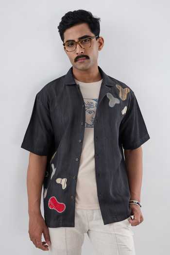 Raw & Rustic By Niti Bothra Black Denim Grid Patchwork Shirt 