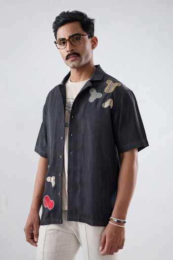 Raw & Rustic By Niti Bothra Black Denim Grid Patchwork Shirt 