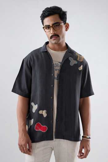 Raw & Rustic By Niti Bothra_Black Tencel Patchwork Denim Grid Shirt _Online_at_Aza_Fashions