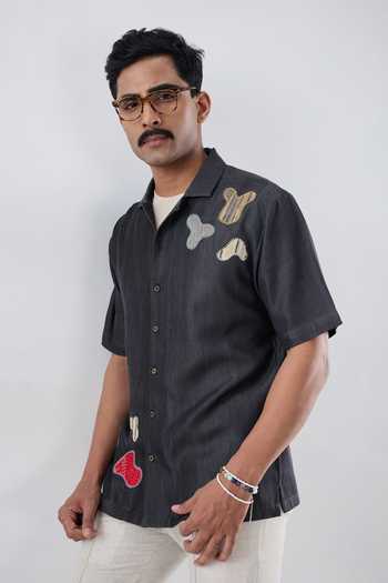 Buy_Raw & Rustic By Niti Bothra_Black Tencel Patchwork Denim Grid Shirt _Online_at_Aza_Fashions