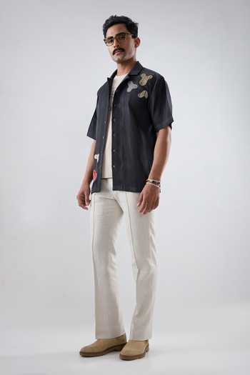 Shop_Raw & Rustic By Niti Bothra_Black Tencel Patchwork Denim Grid Shirt _Online_at_Aza_Fashions
