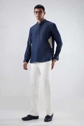 Raw & Rustic By Niti Bothra Dark Blue Denim Asymmetric Patchwork Kurta Shirt 