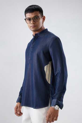 Buy Raw & Rustic By Niti Bothra Navy Tencel, Denim Patchwork Dark Blue Asymmetric Kurta Shirt Online at Aza Fashions Buy_Raw & Rustic By Niti Bothra_Navy Tencel, Denim Patchwork Dark Blue Asymmetric Kurta Shirt _Online_at_Aza_Fashions