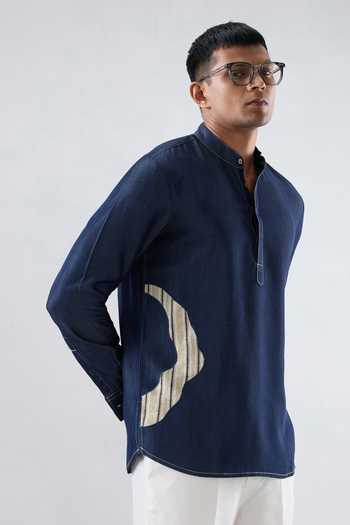 Shop Raw & Rustic By Niti Bothra Navy Tencel, Denim Patchwork Dark Blue Asymmetric Kurta Shirt Online at Aza Fashions Shop_Raw & Rustic By Niti Bothra_Navy Tencel, Denim Patchwork Dark Blue Asymmetric Kurta Shirt _Online_at_Aza_Fashions
