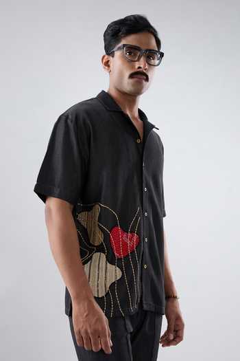 Raw & Rustic By Niti Bothra Black Denim Rust Panel Patchwork Shirt 