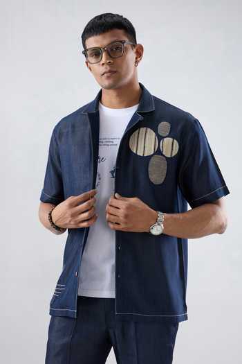 Raw & Rustic By Niti Bothra Navy Tencel, Denim Patchwork, Embroidery Dark Blue Urban Nomad Shirt Online at Aza Fashions Raw & Rustic By Niti Bothra_Navy Tencel, Denim Patchwork, Embroidery Dark Blue Urban Nomad Shirt _Online_at_Aza_Fashions