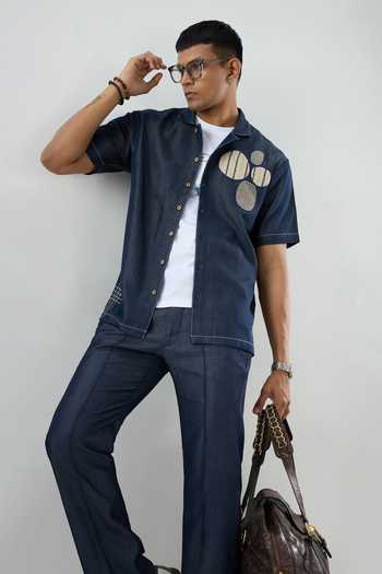 Shop Raw & Rustic By Niti Bothra Navy Tencel, Denim Patchwork, Embroidery Dark Blue Urban Nomad Shirt Online at Aza Fashions Shop_Raw & Rustic By Niti Bothra_Navy Tencel, Denim Patchwork, Embroidery Dark Blue Urban Nomad Shirt _Online_at_Aza_Fashions