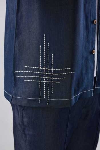 Raw & Rustic By Niti Bothra Navy Tencel, Denim Patchwork, Embroidery Dark Blue Urban Nomad Shirt at Aza Fashions Raw & Rustic By Niti Bothra_Navy Tencel, Denim Patchwork, Embroidery Dark Blue Urban Nomad Shirt _at_Aza_Fashions