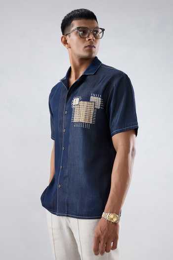 Shop Raw & Rustic By Niti Bothra Navy Tencel, Denim Patchwork Dark Blue Midnight Mosaic Shirt Online at Aza Fashions Shop_Raw & Rustic By Niti Bothra_Navy Tencel, Denim Patchwork Dark Blue Midnight Mosaic Shirt _Online_at_Aza_Fashions