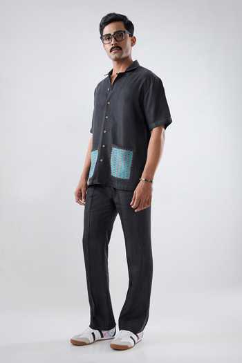 Raw & Rustic By Niti Bothra Black Tencel, Denim Patchwork Pocket Shirt Online at Aza Fashions Raw & Rustic By Niti Bothra_Black Tencel, Denim Patchwork Pocket Shirt _Online_at_Aza_Fashions
