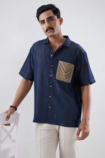 Raw & Rustic By Niti Bothra Dark Blue Denim Earth Patchwork Shirt 
