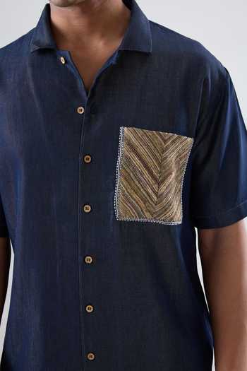 Raw & Rustic By Niti Bothra Navy Tencel, Denim Patchwork Dark Blue Earth Shirt Online at Aza Fashions Raw & Rustic By Niti Bothra_Navy Tencel, Denim Patchwork Dark Blue Earth Shirt _Online_at_Aza_Fashions