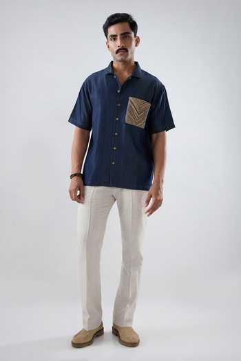 Shop Raw & Rustic By Niti Bothra Navy Tencel, Denim Patchwork Dark Blue Earth Shirt Online at Aza Fashions Shop_Raw & Rustic By Niti Bothra_Navy Tencel, Denim Patchwork Dark Blue Earth Shirt _Online_at_Aza_Fashions