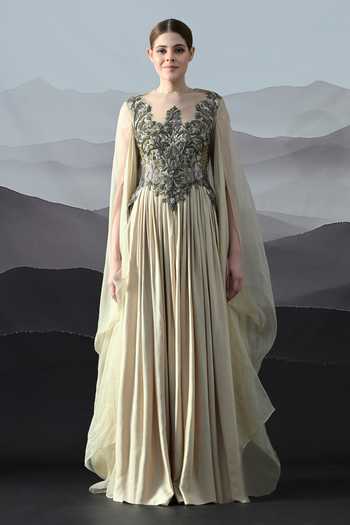 Samant Chauhan Beige Silk, Cotton, Organza Embroidery Round Neck And Gown Online at Aza Fashions Samant Chauhan_Beige Silk, Cotton, Organza Embroidery Round Neck And Gown _Online_at_Aza_Fashions