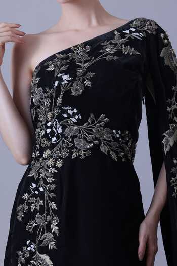 Samant Chauhan_Black Velvet Embroidery One Shoulder Hand Sculpted Gown _Online_at_Aza_Fashions