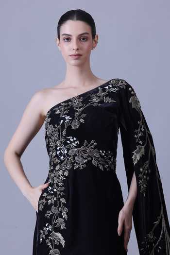 Buy_Samant Chauhan_Black Velvet Embroidery One Shoulder Hand Sculpted Gown _Online_at_Aza_Fashions