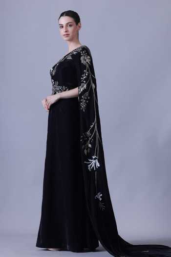 Shop_Samant Chauhan_Black Velvet Embroidery One Shoulder Hand Sculpted Gown _Online_at_Aza_Fashions