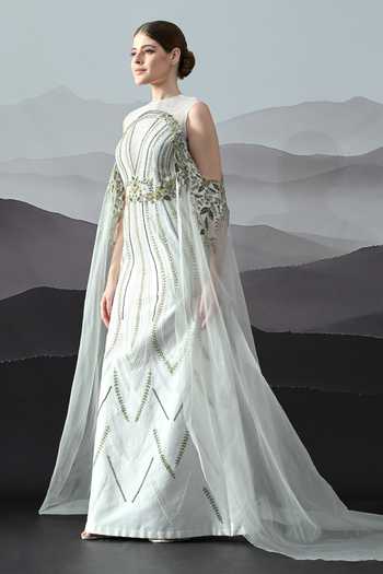 Shop Samant Chauhan Ivory Silk, Cotton, Organza Embroidery High Neck Hand Gown Online at Aza Fashions Shop_Samant Chauhan_Ivory Silk, Cotton, Organza Embroidery High Neck Hand Gown _Online_at_Aza_Fashions