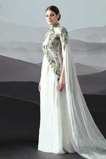 Samant Chauhan Ivory Silk, Cotton, Organza Embroidery Mandarin Collar Hand Gown Online at Aza Fashions Samant Chauhan_Ivory Silk, Cotton, Organza Embroidery Mandarin Collar Hand Gown _Online_at_Aza_Fashions