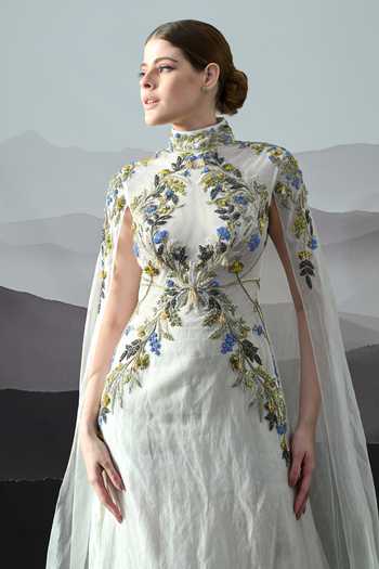 Buy Samant Chauhan Ivory Silk, Cotton, Organza Embroidery Mandarin Collar Hand Gown Online at Aza Fashions Buy_Samant Chauhan_Ivory Silk, Cotton, Organza Embroidery Mandarin Collar Hand Gown _Online_at_Aza_Fashions