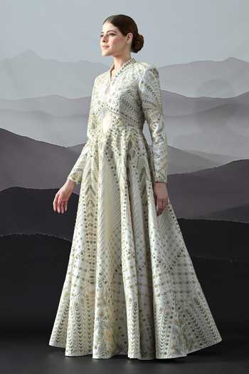 Shop Samant Chauhan Ivory Silk, Cotton, Linen Embroidery Round Neck Gown Online at Aza Fashions Shop_Samant Chauhan_Ivory Silk, Cotton, Linen Embroidery Round Neck Gown _Online_at_Aza_Fashions