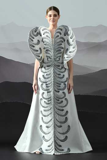 Samant Chauhan_Ivory Silk, Cotton Embroidery, Metallic Thread V-neck Resham Gown _Online_at_Aza_Fashions