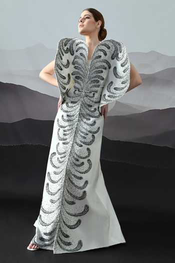 Buy_Samant Chauhan_Ivory Silk, Cotton Embroidery, Metallic Thread V-neck Resham Gown _Online_at_Aza_Fashions