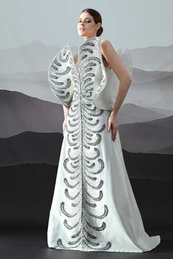 Shop_Samant Chauhan_Ivory Silk, Cotton Embroidery, Metallic Thread V-neck Resham Gown _Online_at_Aza_Fashions