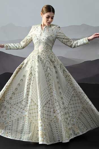 Samant Chauhan_Ivory Silk, Cotton Embroidery, Zari Mandarin Collar, Keyhole Neck Hand Gown _Online_at_Aza_Fashions