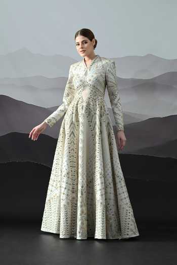 Shop_Samant Chauhan_Ivory Silk, Cotton Embroidery, Zari Mandarin Collar, Keyhole Neck Hand Gown _Online_at_Aza_Fashions