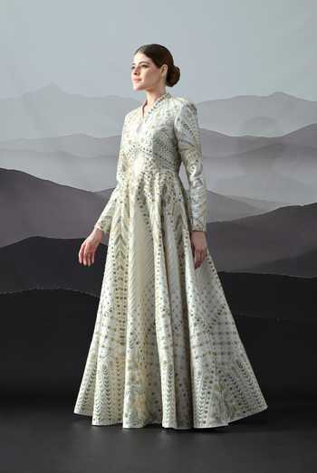 Samant Chauhan_Ivory Silk, Cotton Embroidery, Zari Mandarin Collar, Keyhole Neck Hand Gown _at_Aza_Fashions