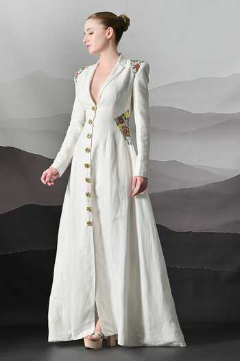 Samant Chauhan_Ivory Cotton, Linen Embroidery Plunge Neck Structured Hand Gown _Online_at_Aza_Fashions