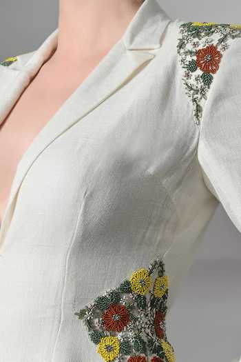 Buy_Samant Chauhan_Ivory Cotton, Linen Embroidery Plunge Neck Structured Hand Gown _Online_at_Aza_Fashions