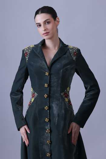 Buy Samant Chauhan Green Velvet, Cotton Embroidery Collared Neck Gown Online at Aza Fashions Buy_Samant Chauhan_Green Velvet, Cotton Embroidery Collared Neck Gown _Online_at_Aza_Fashions