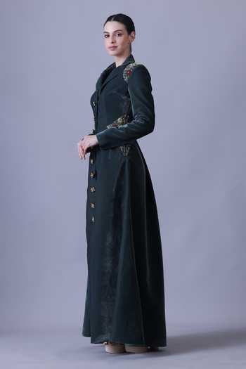 Shop Samant Chauhan Green Velvet, Cotton Embroidery Collared Neck Gown Online at Aza Fashions Shop_Samant Chauhan_Green Velvet, Cotton Embroidery Collared Neck Gown _Online_at_Aza_Fashions