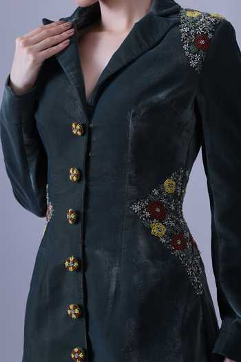 Samant Chauhan Green Velvet, Cotton Embroidery Collared Neck Gown at Aza Fashions Samant Chauhan_Green Velvet, Cotton Embroidery Collared Neck Gown _at_Aza_Fashions