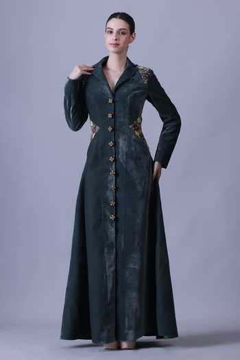 Buy Samant Chauhan Green Velvet, Cotton Embroidery Collared Neck Gown Buy_Samant Chauhan_Green Velvet, Cotton Embroidery Collared Neck Gown