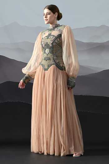 Samant Chauhan_Peach Silk, Cotton, Organza Zari, Embroidery High Neck Gown _Online_at_Aza_Fashions