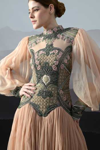 Shop_Samant Chauhan_Peach Silk, Cotton, Organza Zari, Embroidery High Neck Gown _Online_at_Aza_Fashions