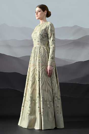 Samant Chauhan Grey Silk, Cotton Embroidery, Zari Round Neck Hand Resham Gown Online at Aza Fashions Samant Chauhan_Grey Silk, Cotton Embroidery, Zari Round Neck Hand Resham Gown _Online_at_Aza_Fashions