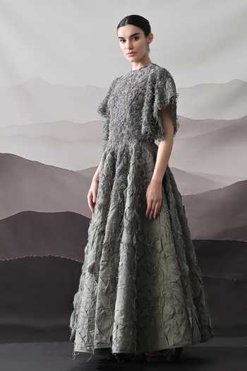 Samant Chauhan Grey Cotton, Linen Embroidery, Metallic Thread Round Handworked Textural Gown Online at Aza Fashions Samant Chauhan_Grey Cotton, Linen Embroidery, Metallic Thread Round Handworked Textural Gown _Online_at_Aza_Fashions